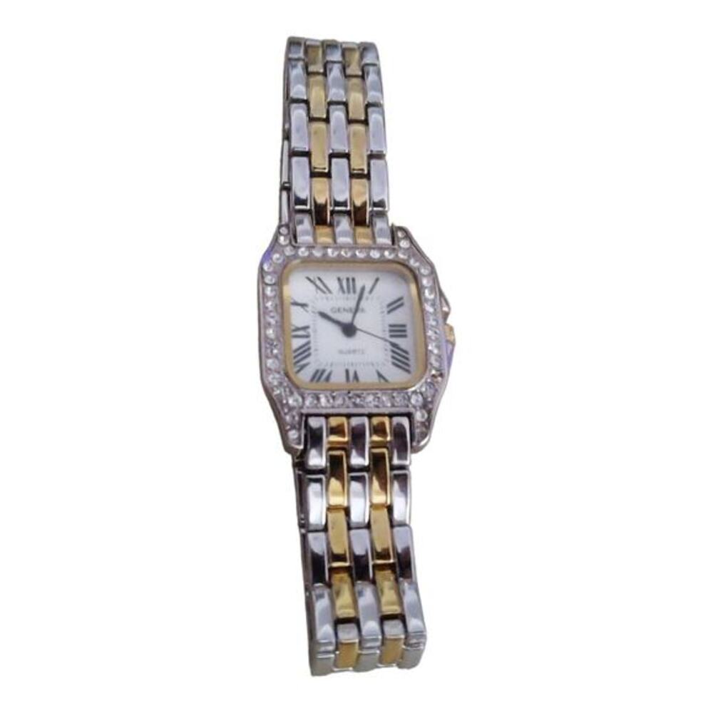 Vintage‎ Geneva Womens Tank Watch Two Tone Silver Gold Crystal Bezel Art Deco
